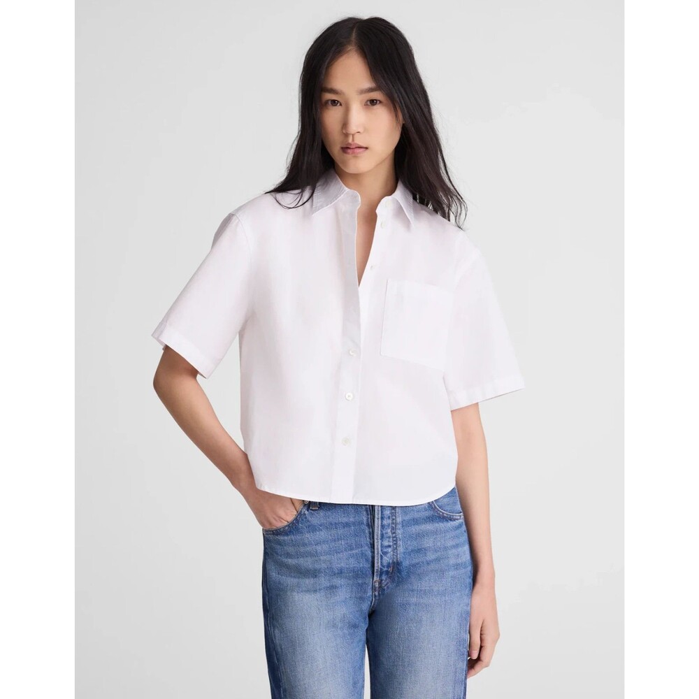 MADEWELL Straight-Hem Short Sleeve Shirt L White Cotton Poplin Crop NWT B98